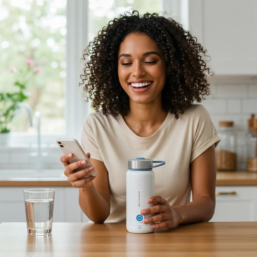 Person Tracking Water Intake With Smart Bottle And App In Bright Kitchen Be58fad9 9ac4 4a9d Be20 6a773d0a3ace | Aqualume