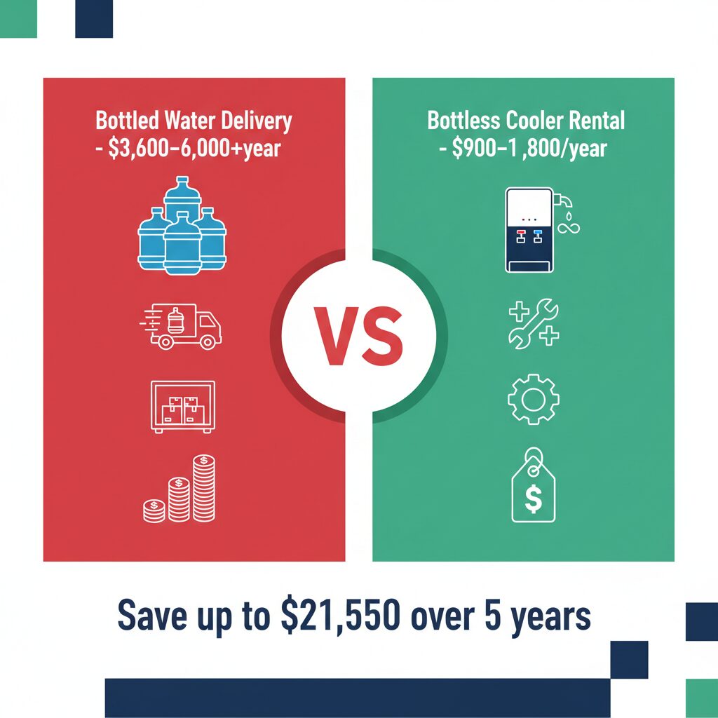 Infographic comparing bottled water delivery costs vs bottleless water cooler rental - save up to $21,550 over 5 years with Aqualume