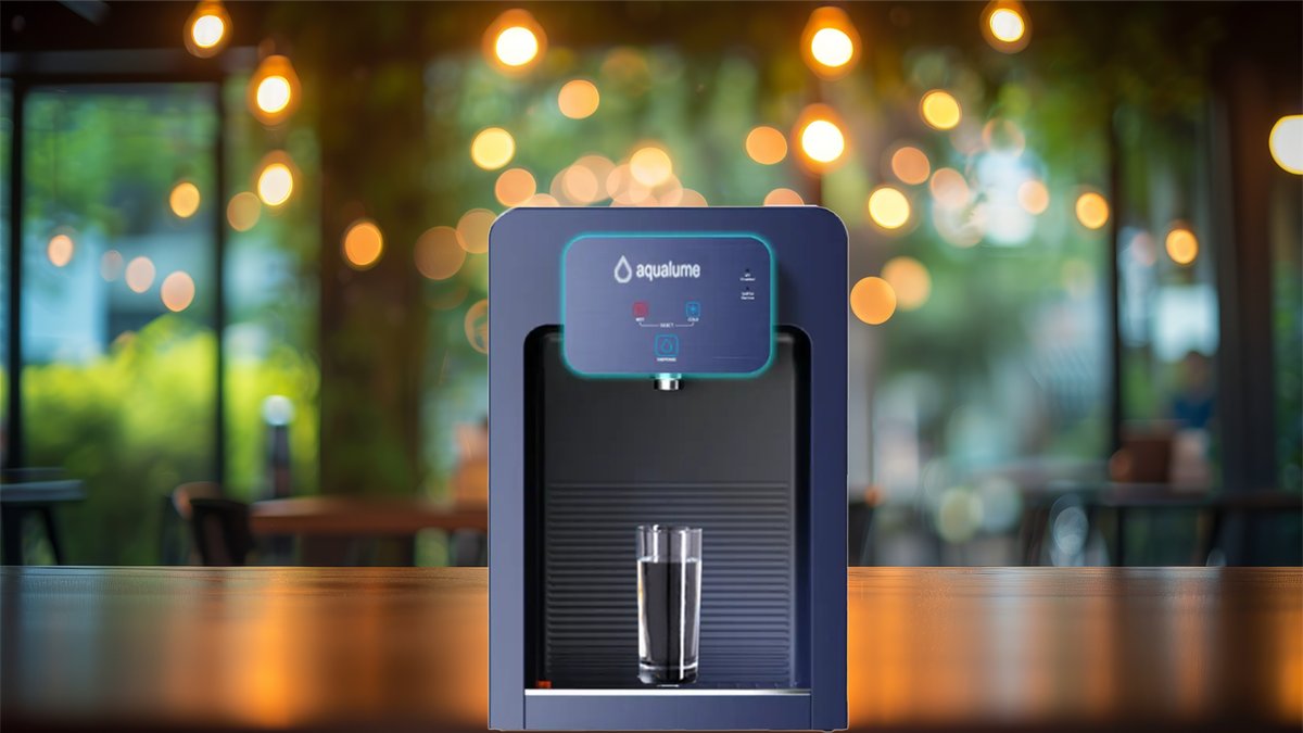 Aqualume Jetstream tabletop water dispenser in a creative cafe-style space
