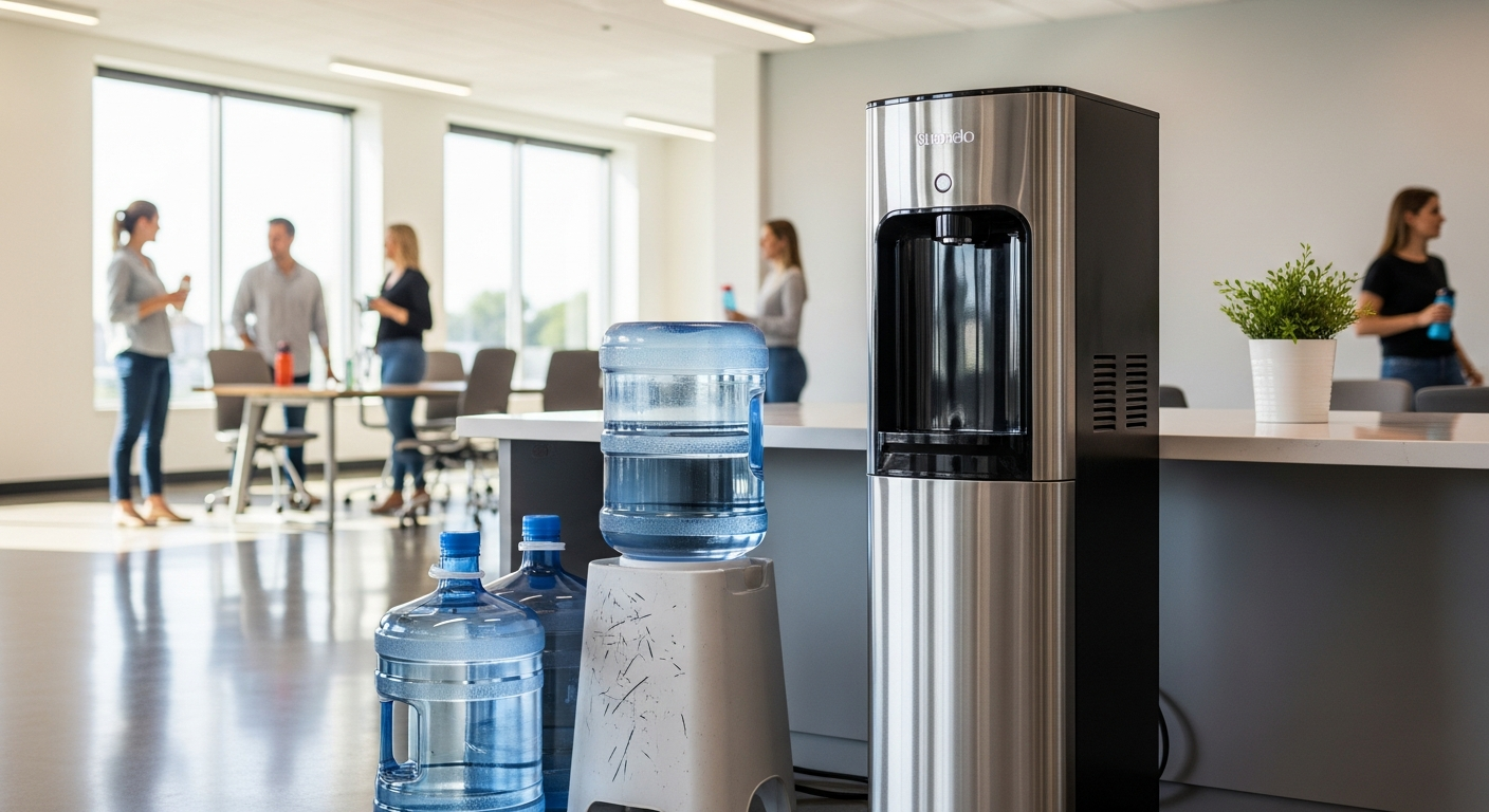 Office transitioning from bottled water cooler with empty 5-gallon jugs to a sleek bottleless water cooler dispenser