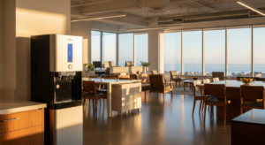 Modern coastal Orange County office breakroom with bottleless water dispenser and ocean view through large windows