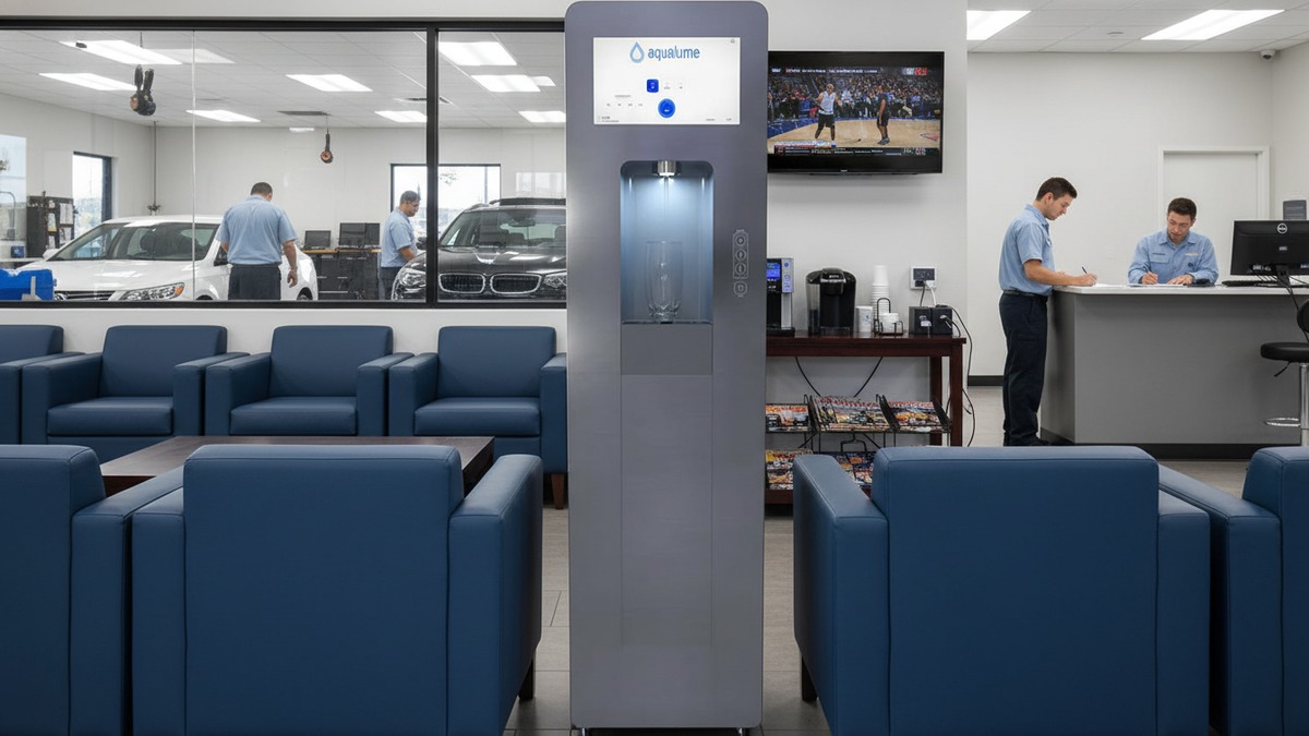 Aqualume Cascade bottleless water dispenser in an auto service center customer lounge