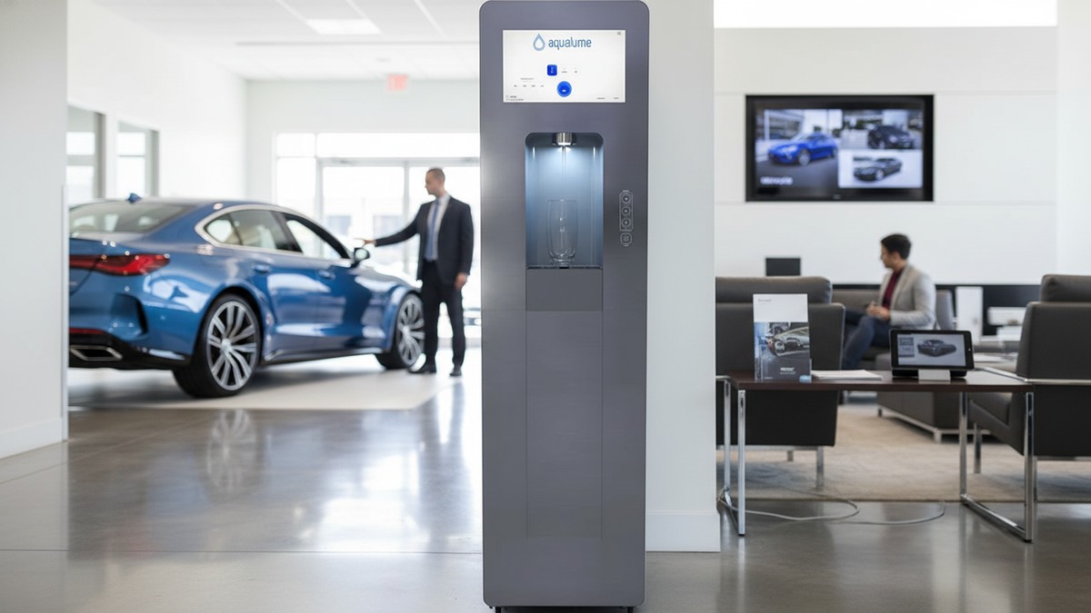 Aqualume Cascade bottleless water dispenser in a car dealership in Los Angeles