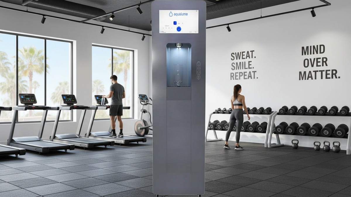 Aqualume Cascade bottleless water dispenser in a gym or fitness center in Southern California