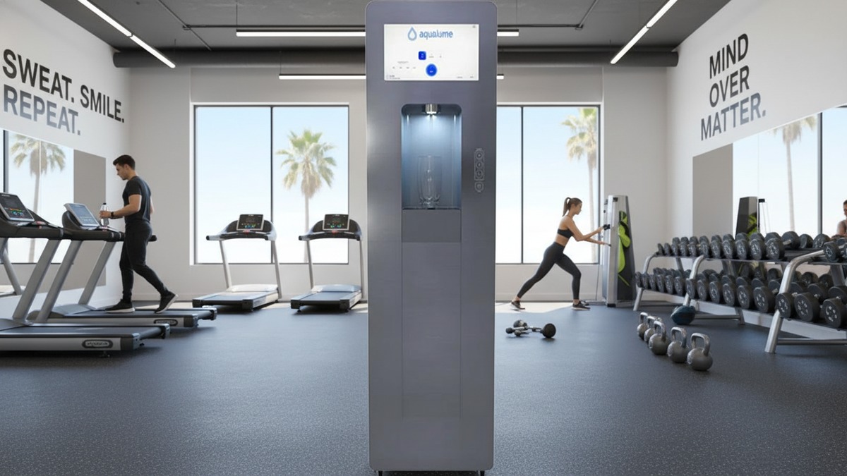 Aqualume Cascade bottleless water dispenser in a Southern California fitness center