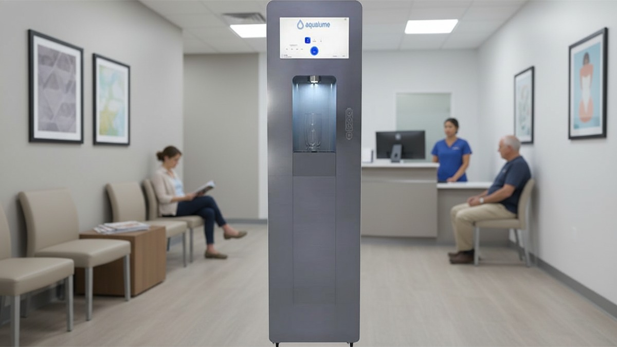 Aqualume Cascade bottleless water dispenser in a medical clinic waiting room in Orange County