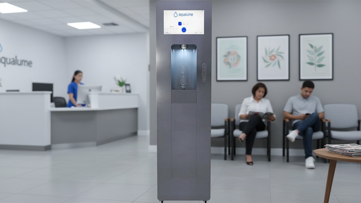 Aqualume Cascade bottleless water dispenser in a medical clinic waiting room