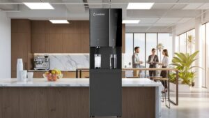 Aqualume Glacier bottleless water dispenser in a corporate office pantry in Los Angeles