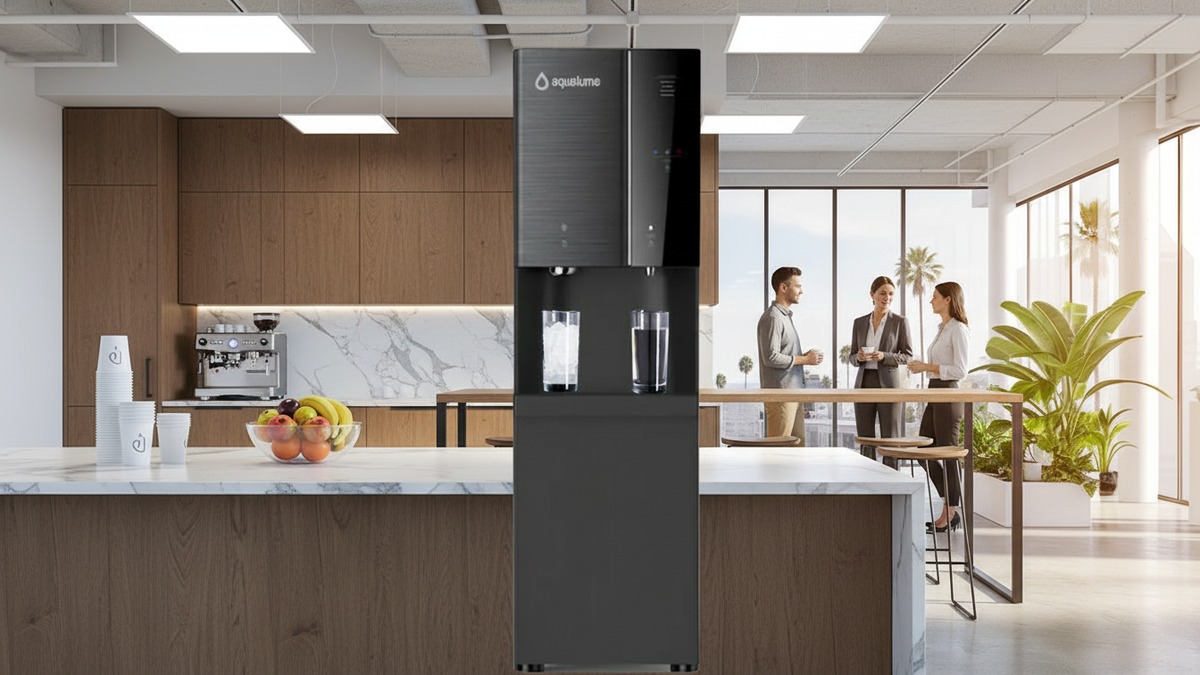 Aqualume Glacier bottleless water dispenser in a corporate office pantry in Los Angeles