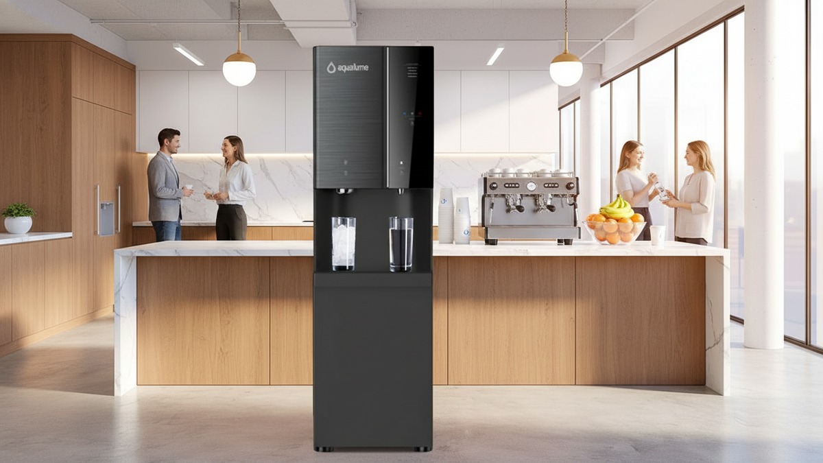 Aqualume Glacier bottleless water dispenser in a corporate office pantry in Los Angeles