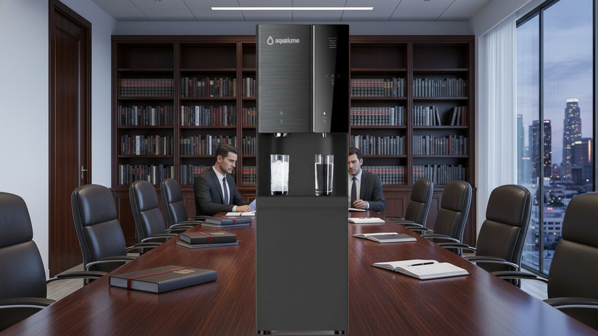 Aqualume Glacier bottleless water dispenser in a law office boardroom with downtown views