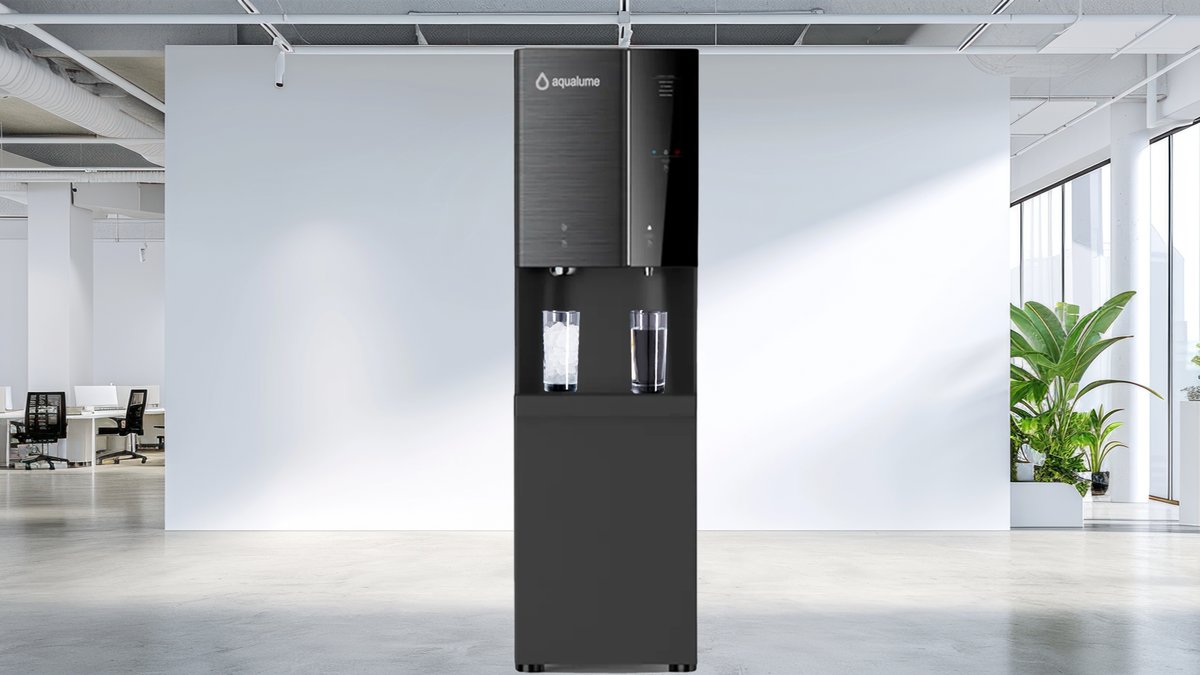 Aqualume Glacier bottleless water and ice dispenser in a bright Southern California office