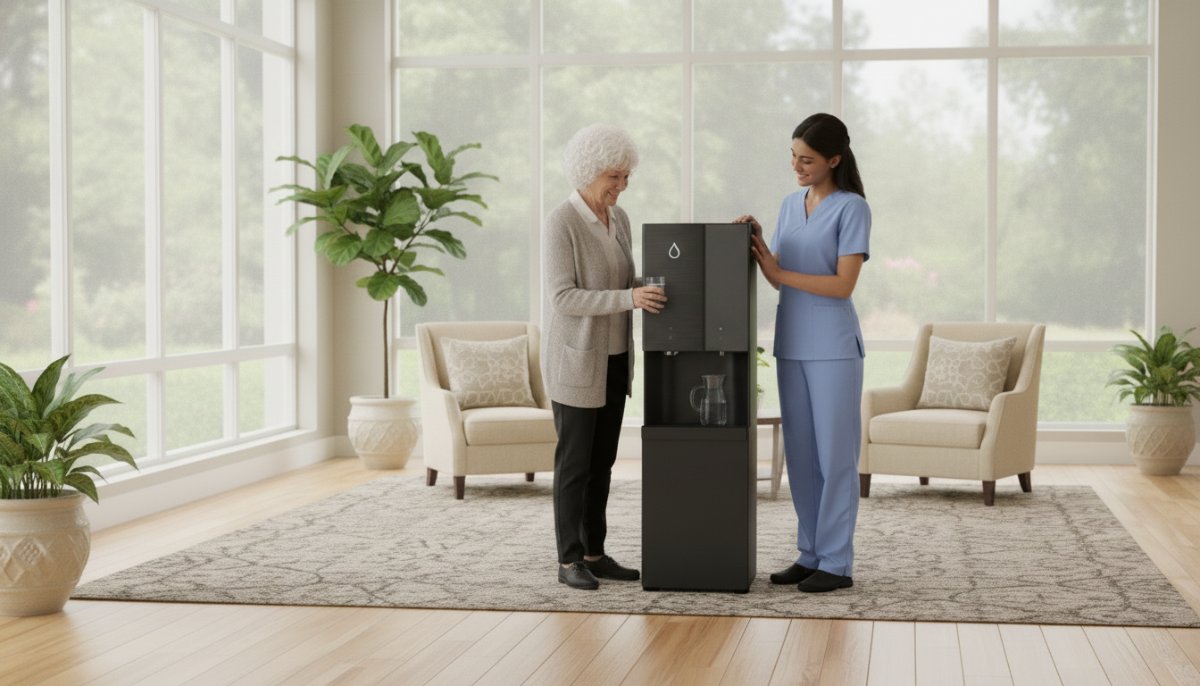 Aqualume Glacier bottleless water dispenser in a senior living care home common room in Southern California, with a resident filling a glass of filtered water