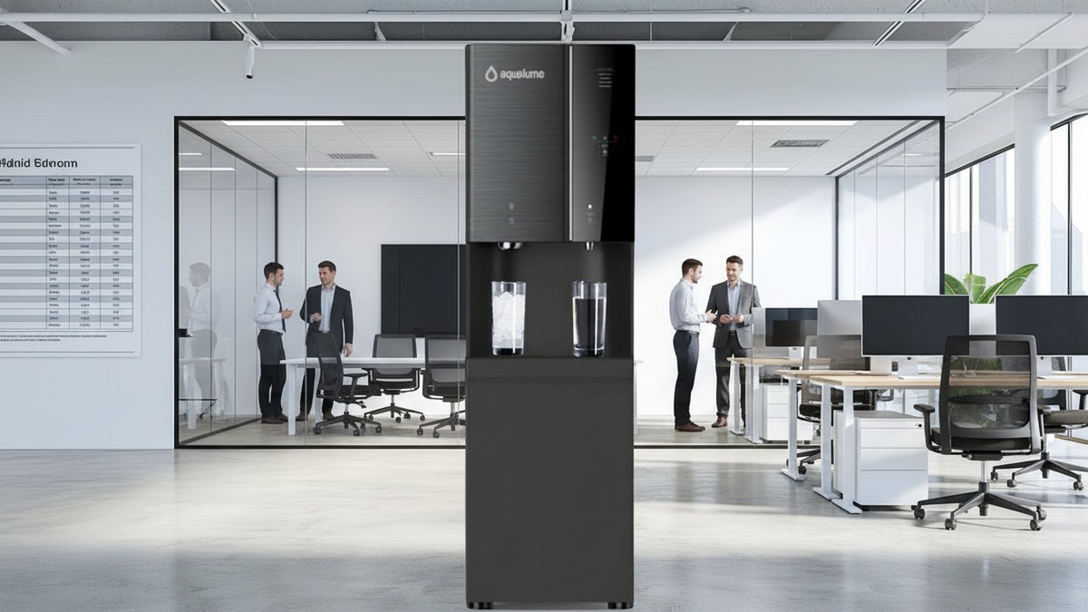 Aqualume Glacier bottleless water dispenser in a premium SoCal corporate office — best bottleless water cooler comparison