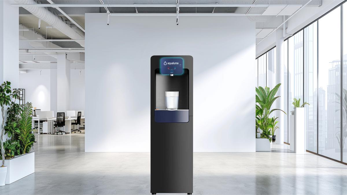 Aqualume Gulfstream bottleless water dispenser with illuminated control panel in a Los Angeles office