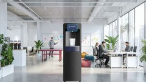 Aqualume Gulfstream bottleless water dispenser in a tech startup or coworking space in Los Angeles