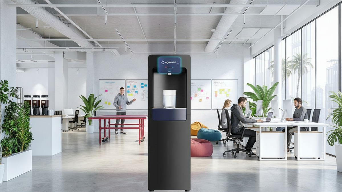 Aqualume Gulfstream bottleless water dispenser in a tech startup or coworking space in Los Angeles