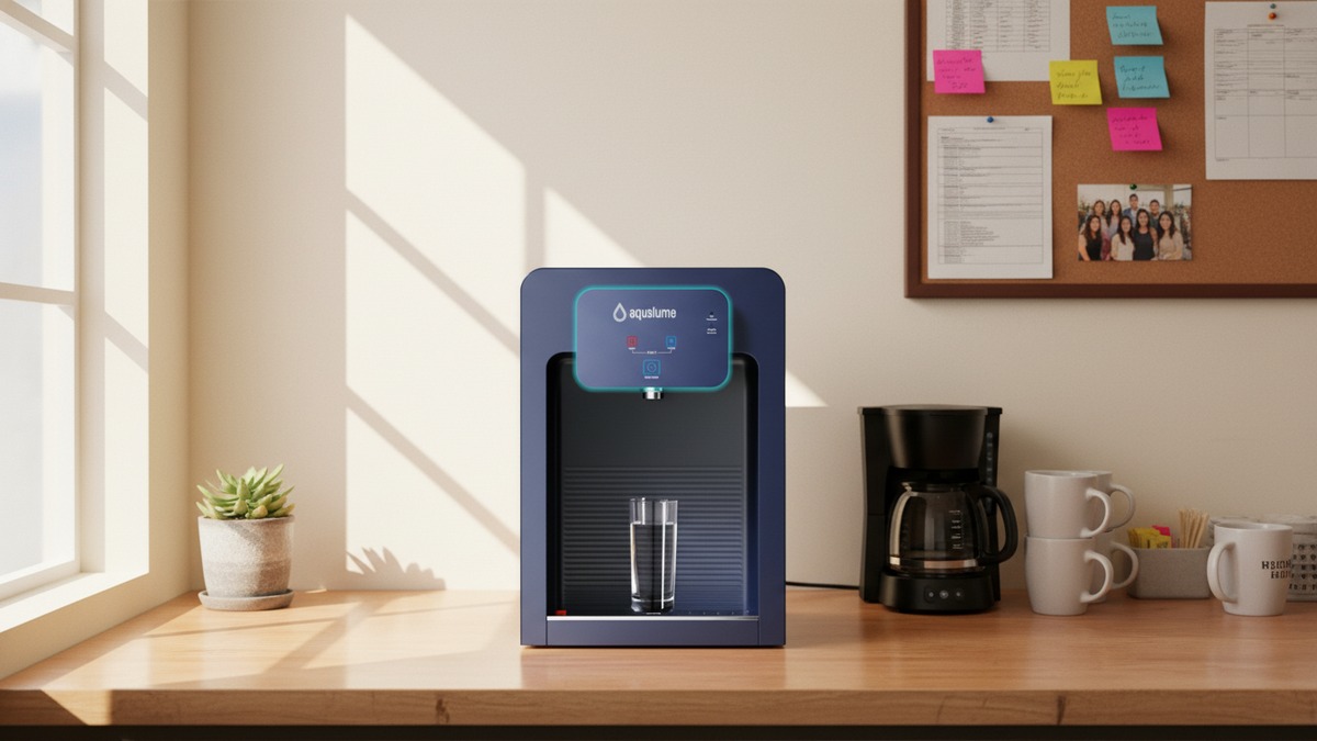 Aqualume Jetstream countertop water dispenser in a small Los Angeles business break room
