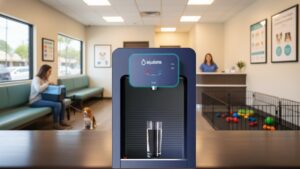 Aqualume bottleless water dispenser in a veterinary clinic waiting room in Los Angeles.