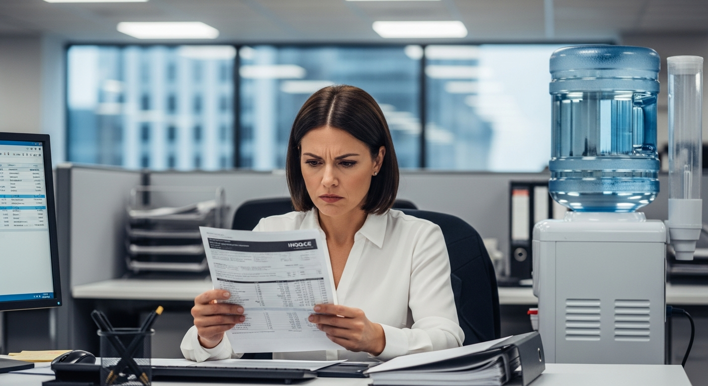Office manager reviewing unexpected water cooler service charges - warning signs