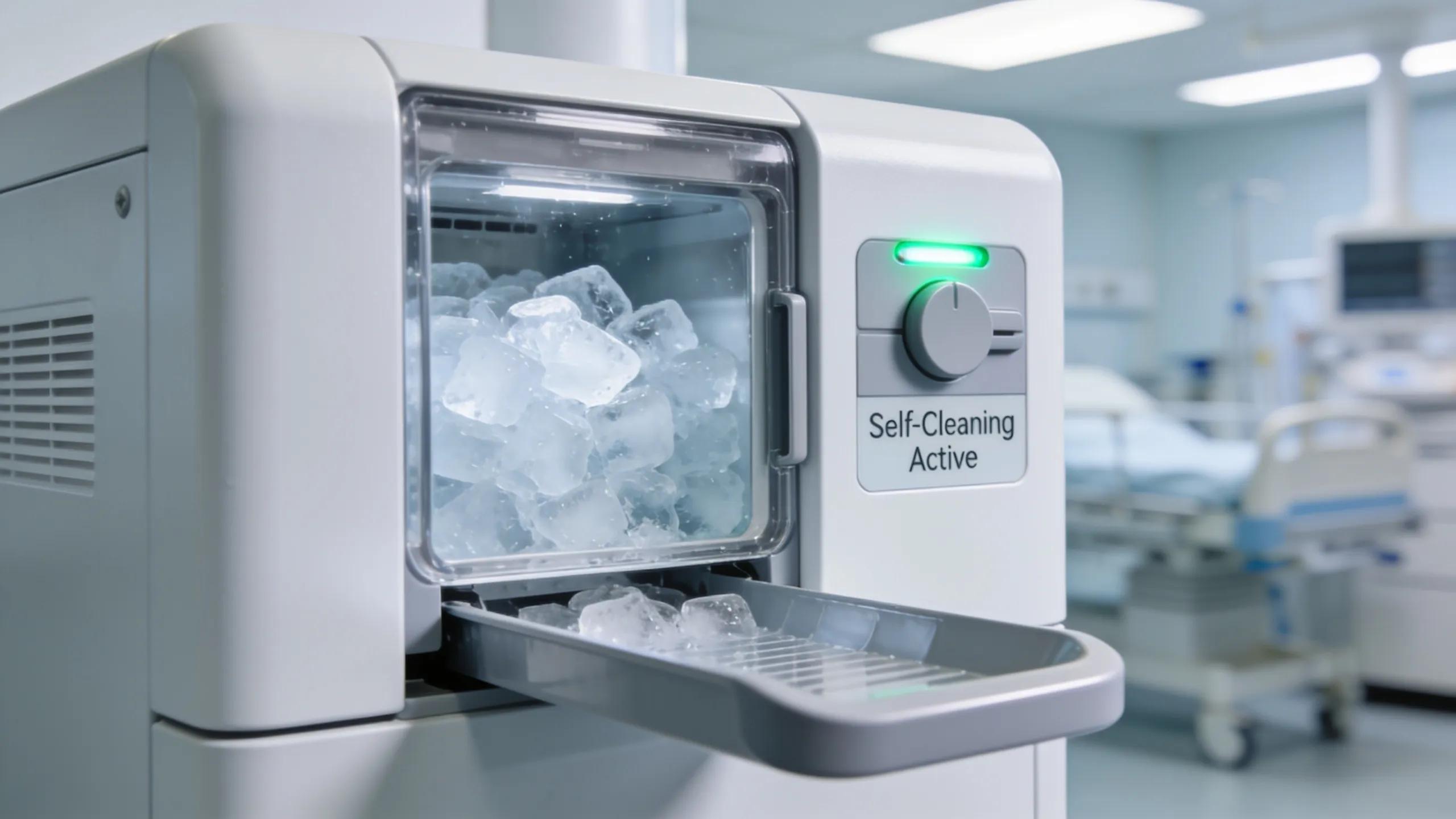 Close-up of a hygienic ice dispenser highlighting safety features for patient care