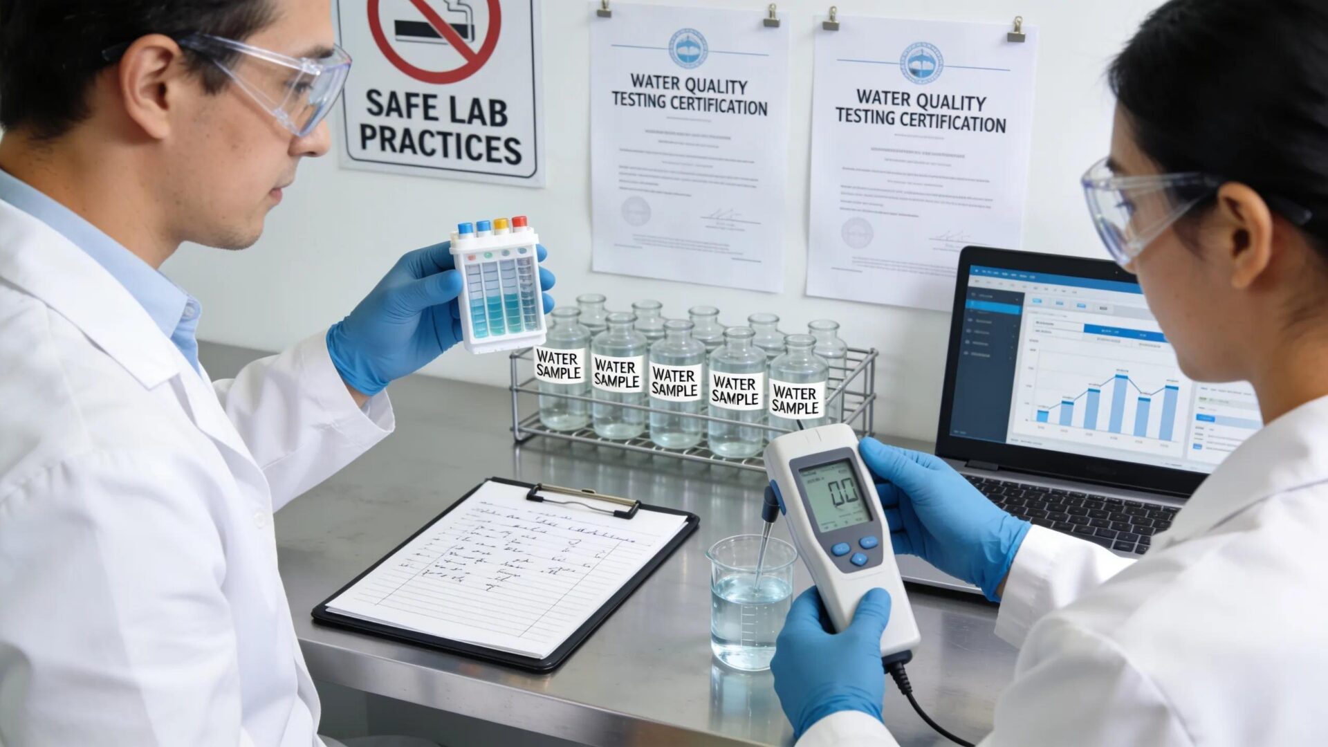 Technicians conducting water quality testing in a clean laboratory environment for medical compliance