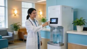 Medical professional demonstrating advanced water filtration system in a clean healthcare office