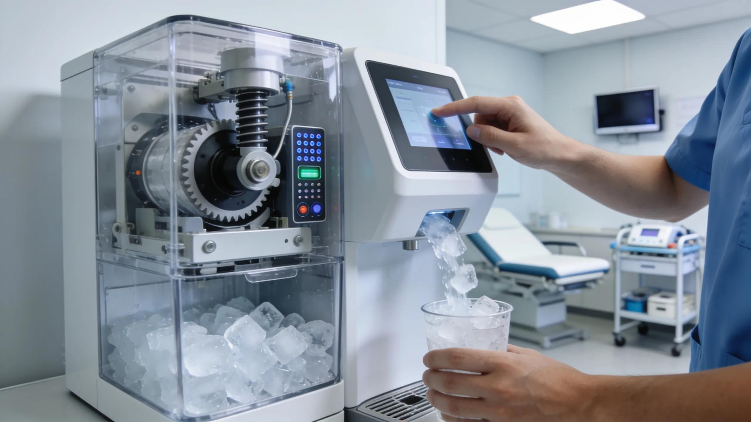Healthcare worker using an automated ice dispenser in a medical office