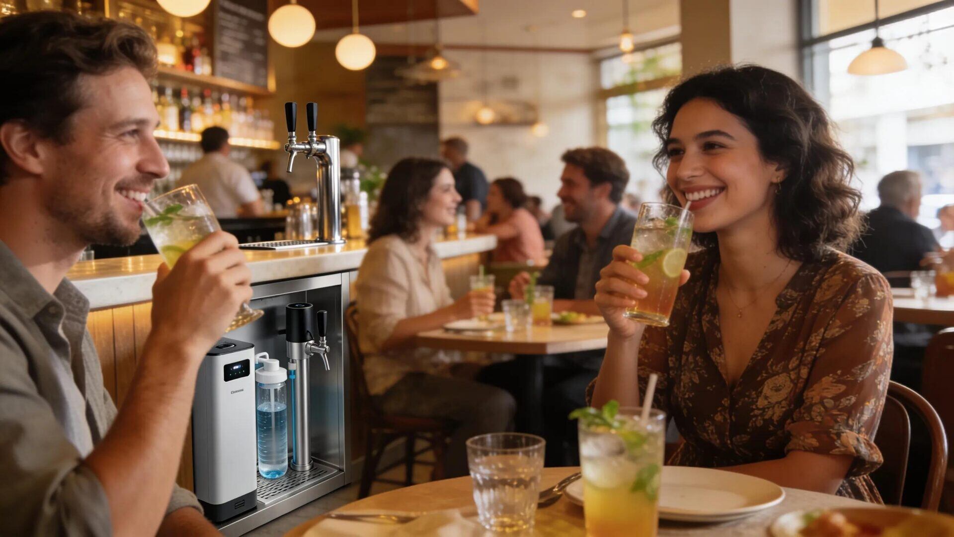 Satisfied restaurant customers enjoying quality drinks facilitated by advanced filtration systems