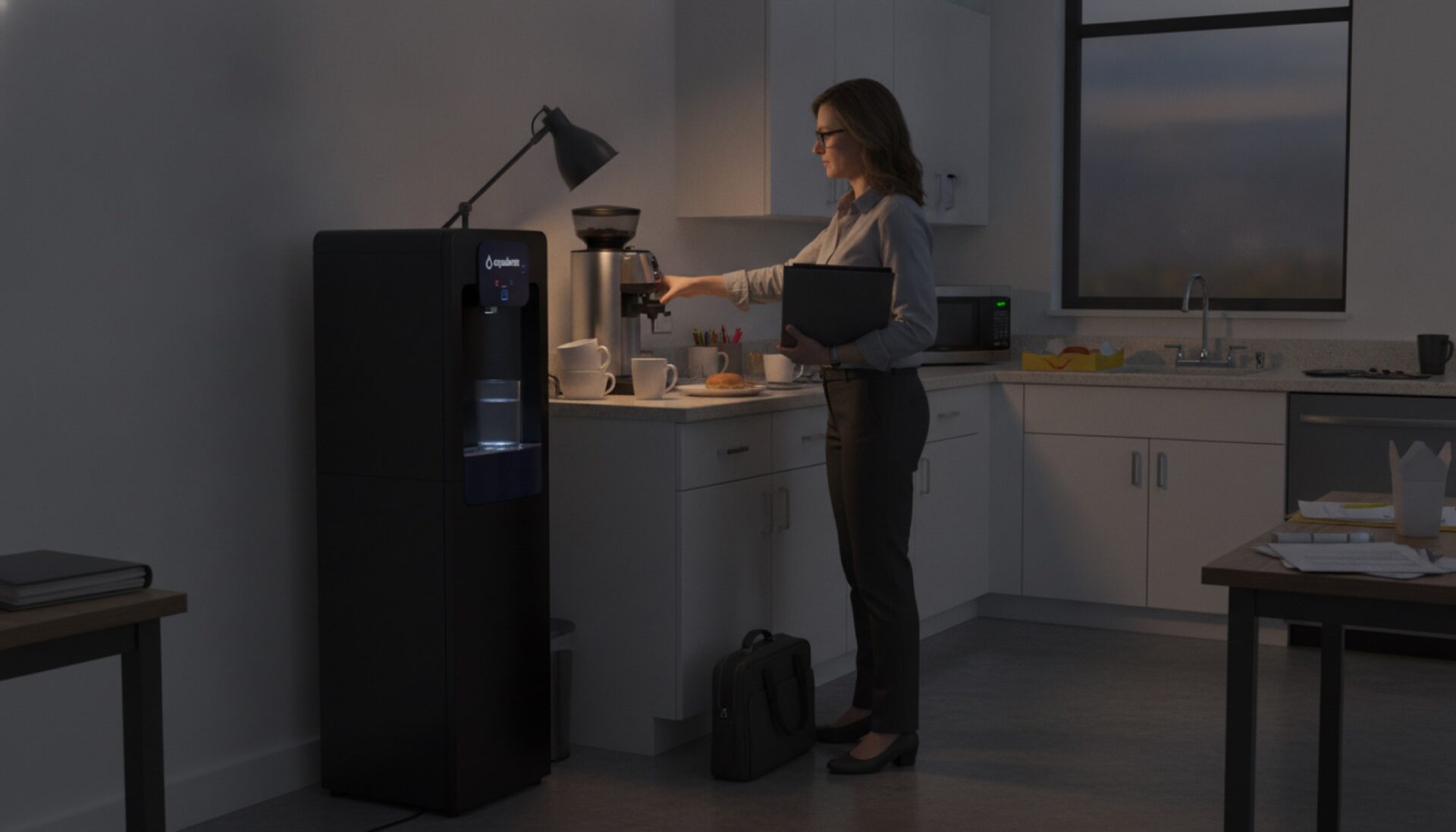 Aqualume Gulfstream dispenser beside a coffee station in an accounting firm break area