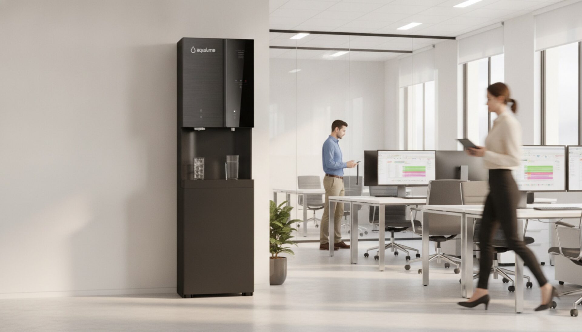 Aqualume freestanding bottleless water dispenser in a modern accounting firm workspace
