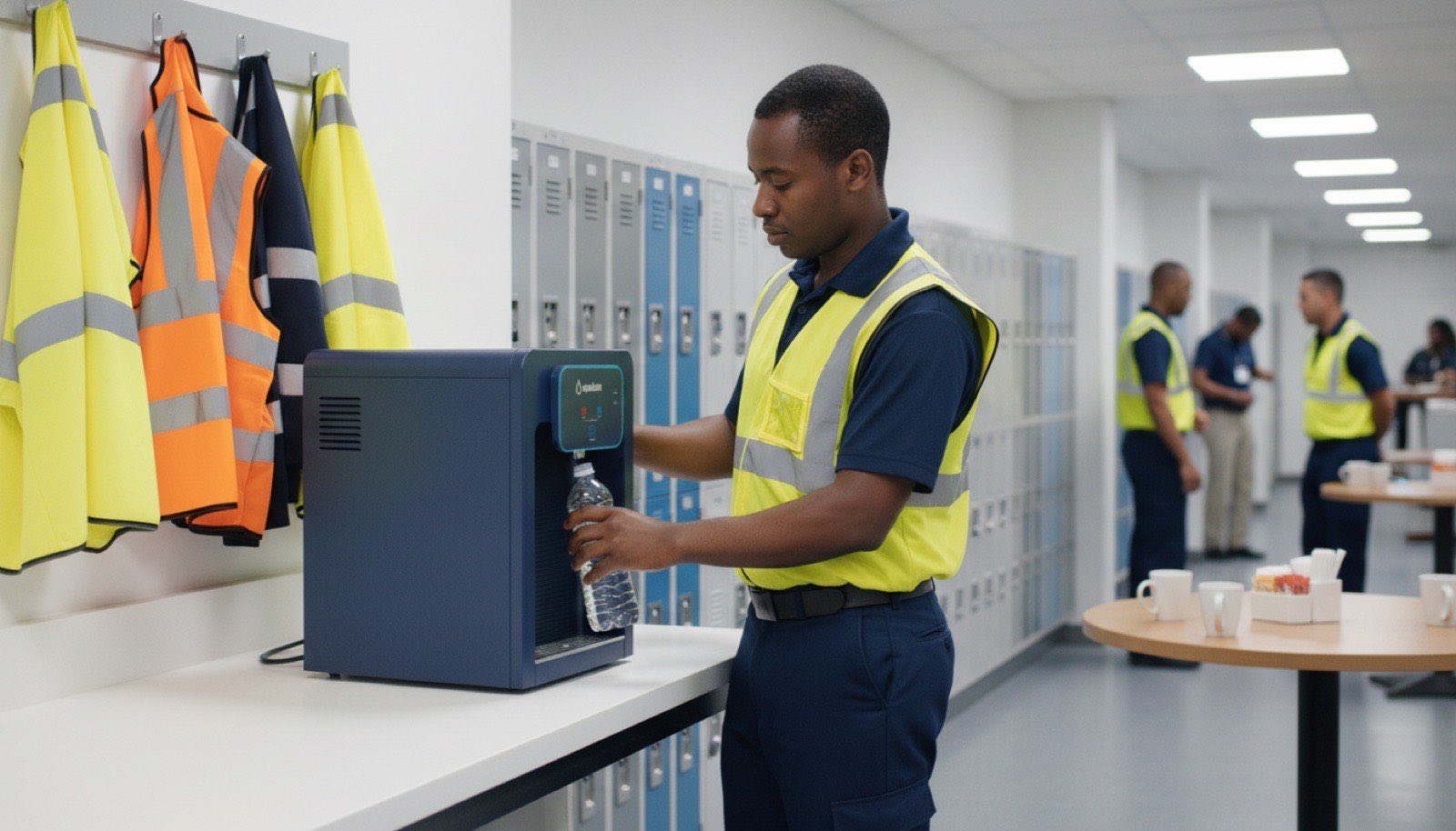 Airport ground crew member filling a bottle at an Aqualume dispenser in a staff breakroom