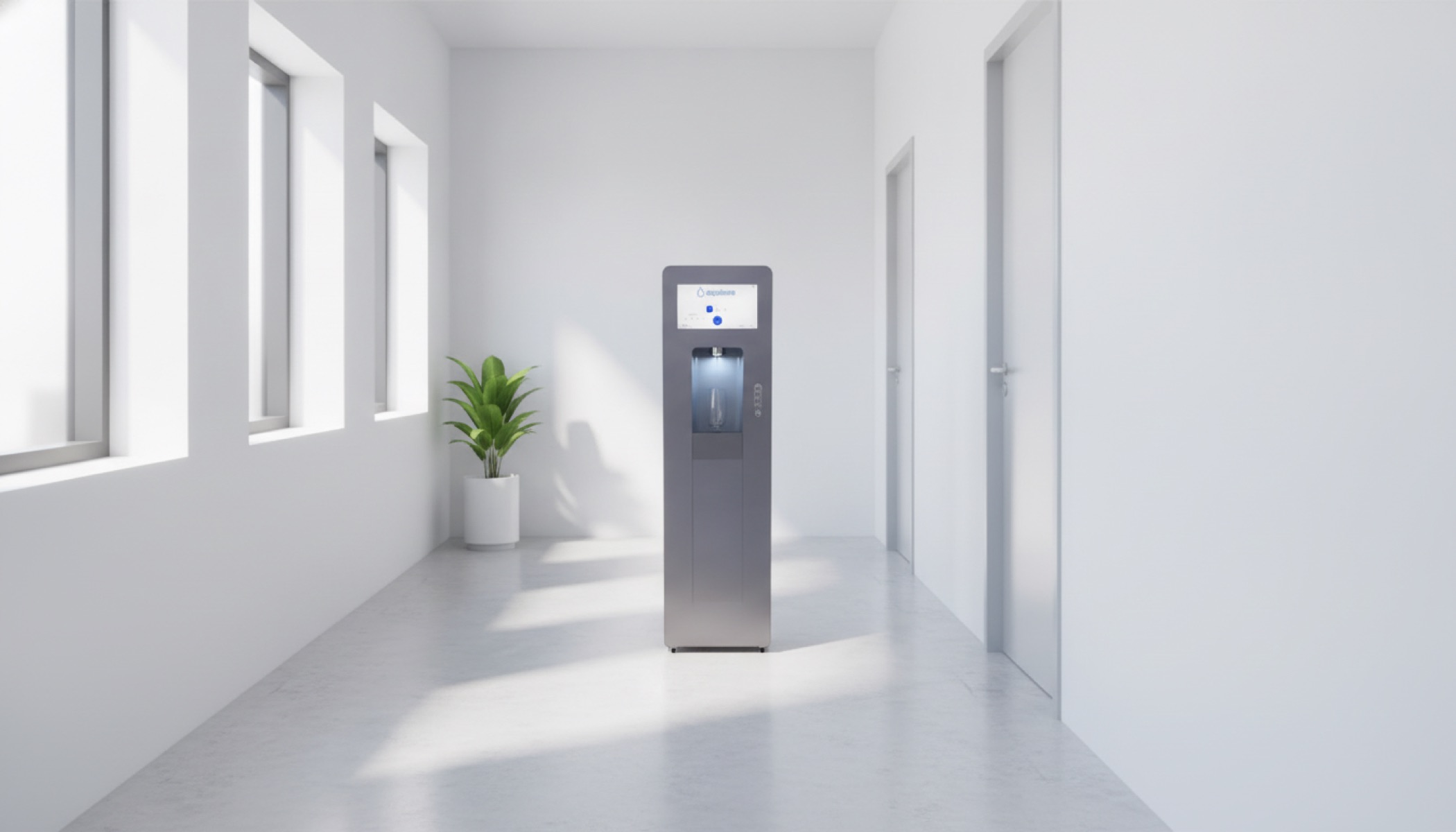 Aqualume bottleless water cooler in a modern dental office corridor