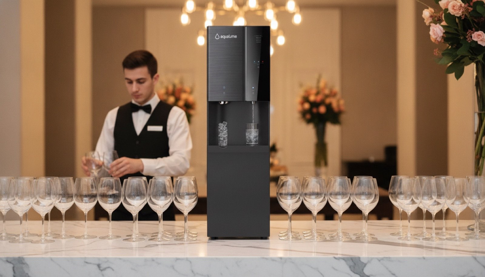 Aqualume bottleless water dispenser at an upscale event venue beverage station