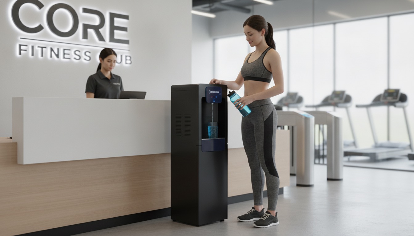 Gym member refilling a sports bottle at an Aqualume bottleless water cooler by the front desk