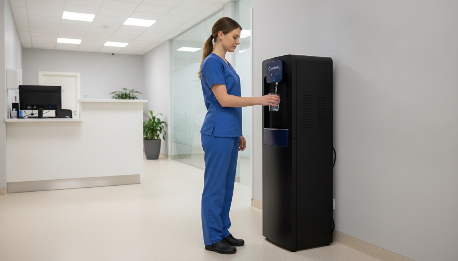 Nurse filling a glass at an Aqualume bottleless water cooler in a clinic hallway