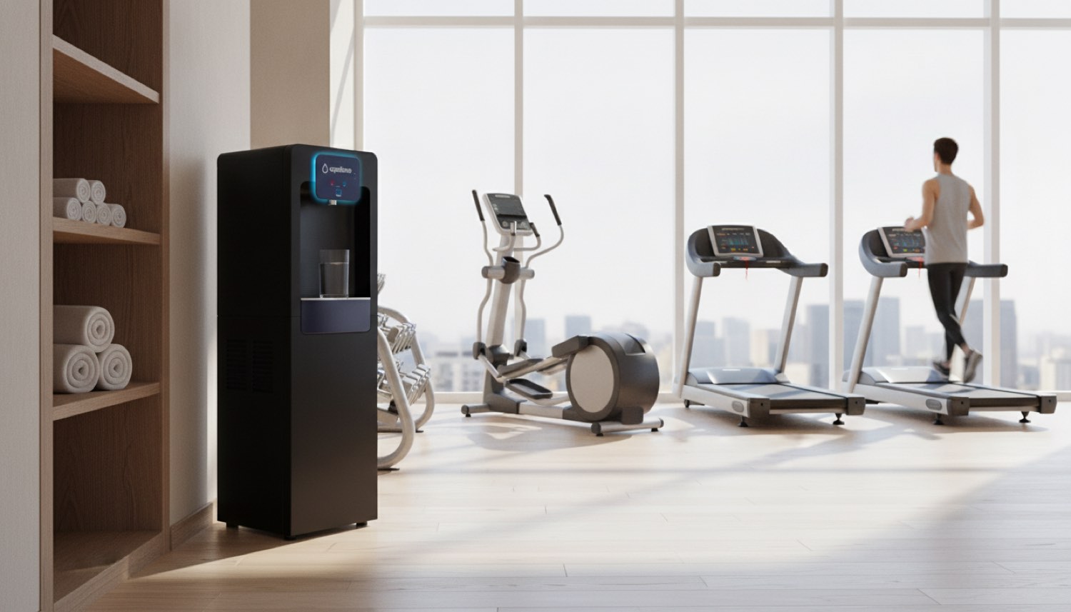 Aqualume bottleless water cooler in an upscale hotel fitness room
