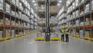 Aqualume water dispenser in a large manufacturing warehouse with workers in safety gear.
