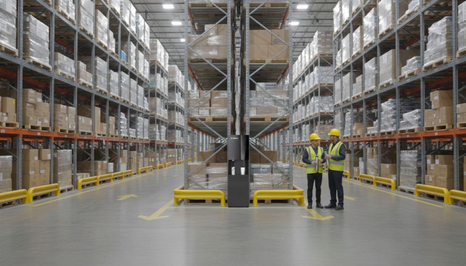 Aqualume water dispenser in a large manufacturing warehouse with workers in safety gear.