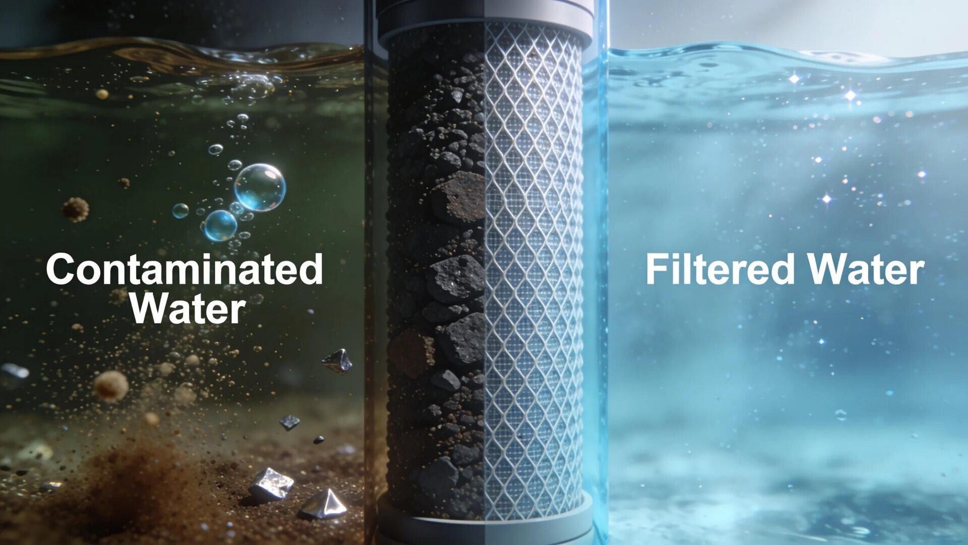 Visual contrast of filtered versus contaminated water illustrating effective filtration