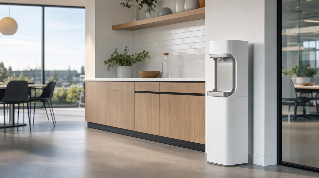 Bottleless water cooler plumbed into the wall of a Southern California office break room