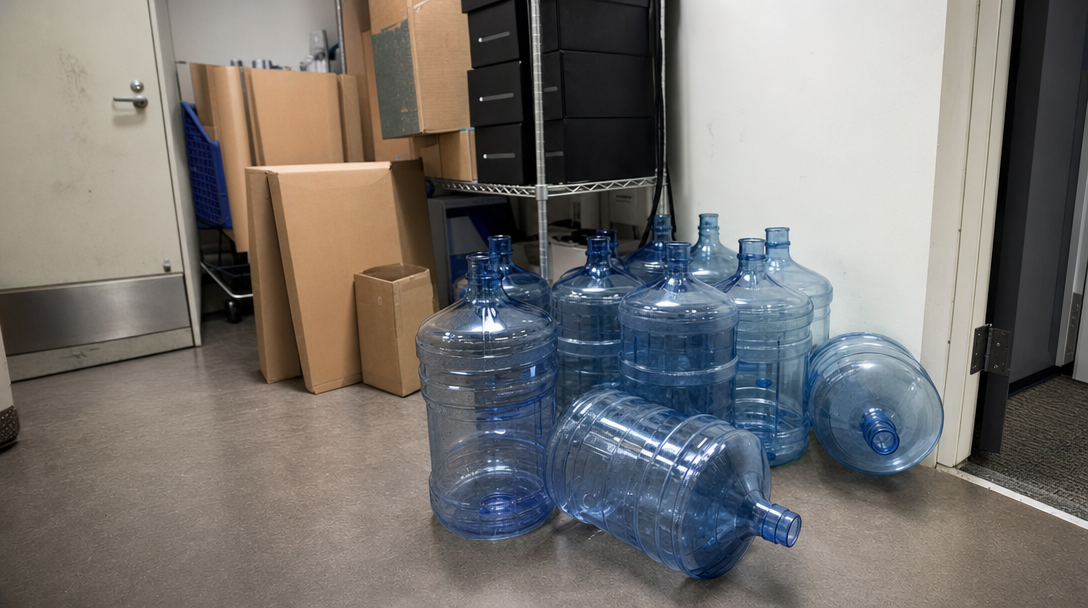 Empty five-gallon water jugs stacked in an office storage room