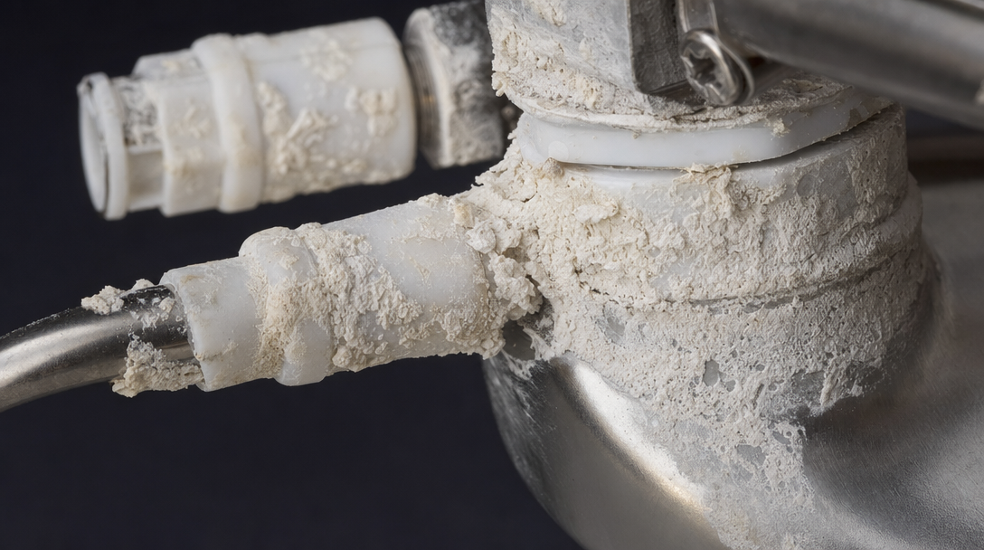 Mineral scale buildup on the internal components of a commercial water dispenser