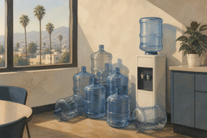 Full and empty 5-gallon water jugs stacked beside a bottle-top office cooler