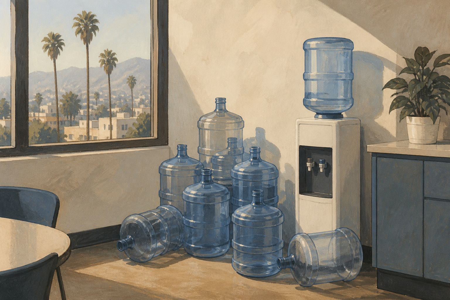 Full and empty 5-gallon water jugs stacked beside a bottle-top office cooler