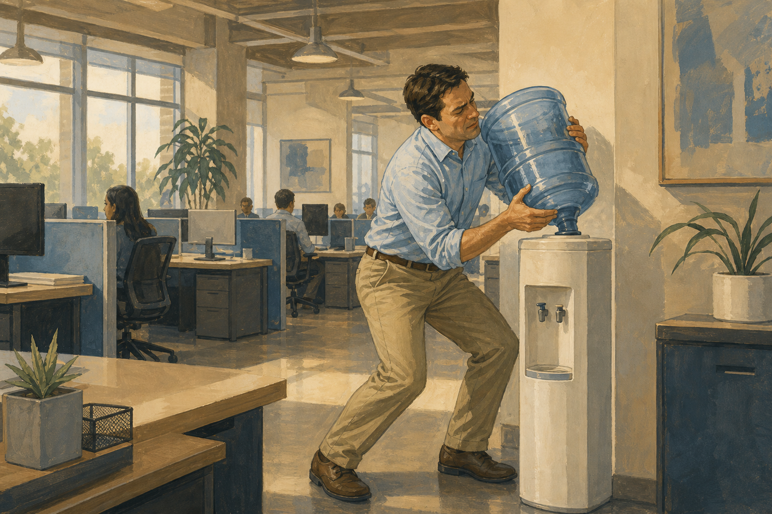 Office worker lifting a heavy 5-gallon jug onto a bottle-top water cooler