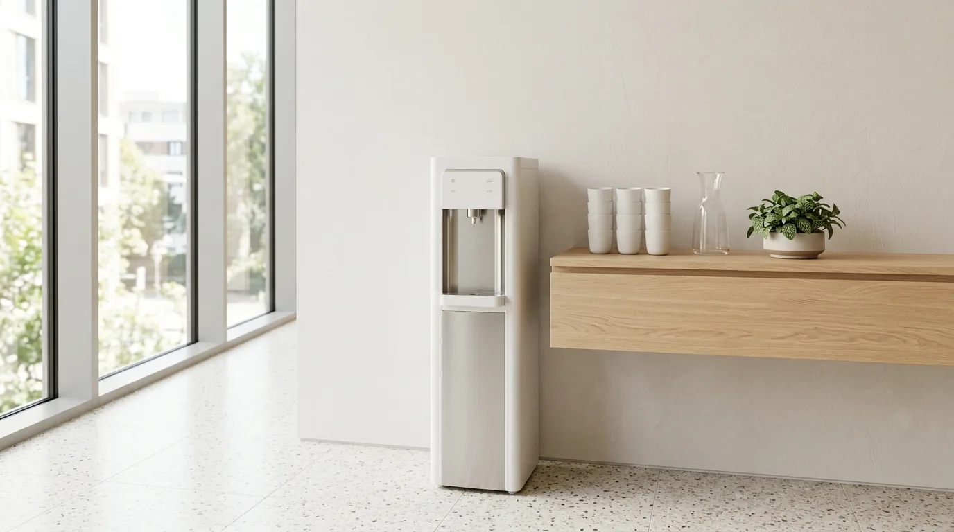 Freestanding water dispenser beside a light oak counter in a bright office break area