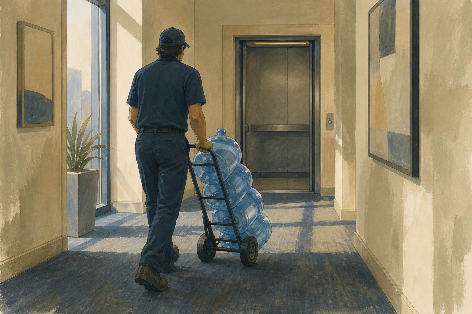 Delivery driver wheeling a hand truck of 5-gallon water jugs down an office hallway
