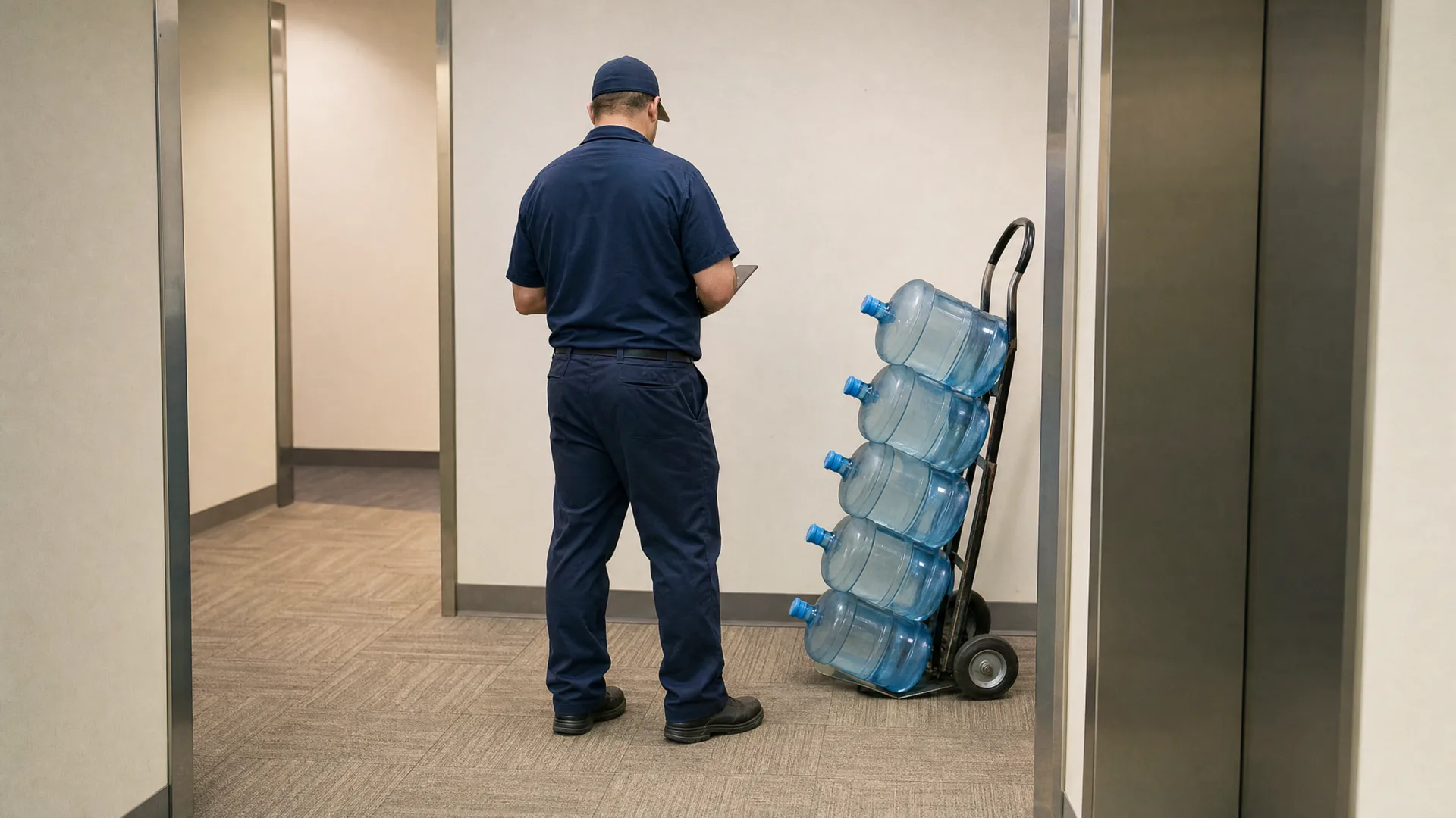 Delivery driver beside a hand truck of 5-gallon jugs near an office elevator