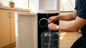 Hands pressing a clear tube onto a jug inside a bottom-load dispenser cabinet